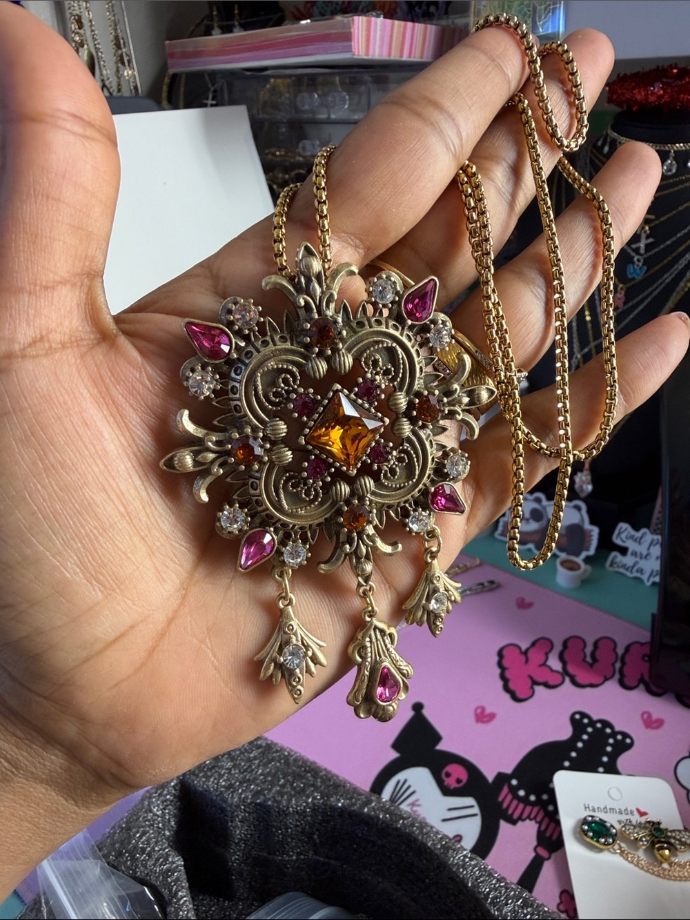 Gold-Tone vintage Filigree Pendant Necklace with Pink and Amber Stones